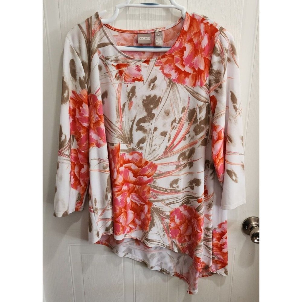 Chico's Women's 3/4‎ Sleeve Blouse Top Asymmetrical Hem Pink Floral Size 2 (L)